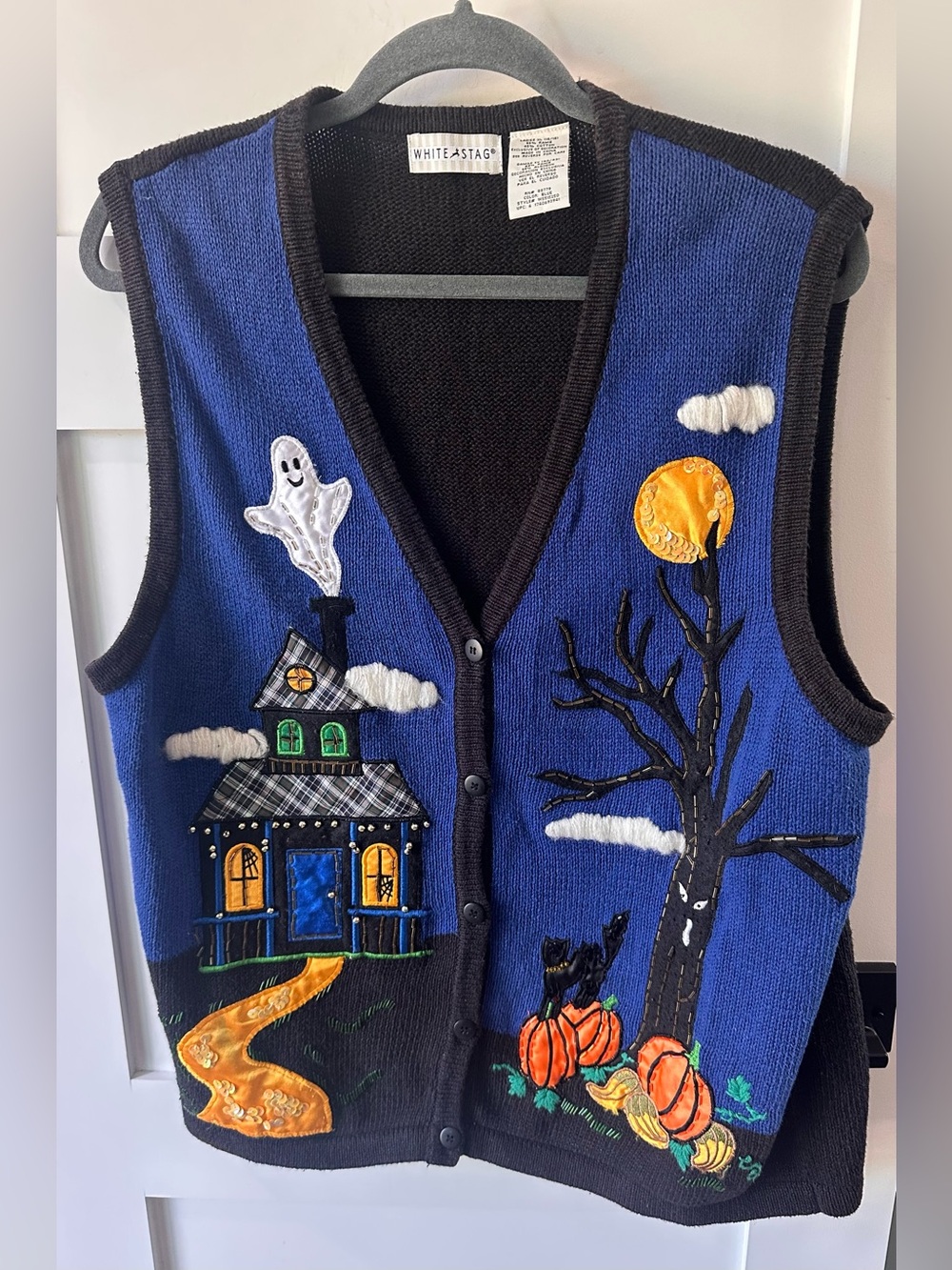 Vintage Halloween Sweater Vest Haunted House Ghost Black Cat Pumpkins Moon XL
